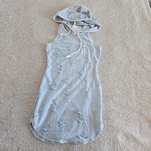 May Pink Hooded All-Over Distressed Sleeveless Dress Casual Tunic Gray Y2K - Picture 7 of 12